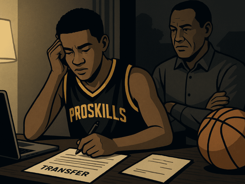 High school basketball player considering transfer schools with parent nearby
